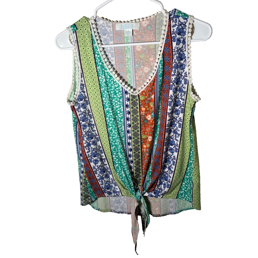 Bunulu Tank Top Women's Small V-Neck Striped Tie Sleeveless Colorful Shirt